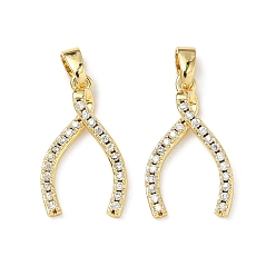 Настоящее золото 18K Латунные микропаве прозрачные подвески с фианитом, подвески в виде вилочки, реальный 18 k позолоченный, 20x11.5x3.5 мм, отверстие : 2.5x5 мм