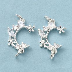 Silver Rack Plating Brass Pave Clear Cubic Zirconia Connector Charms, Moon with Flower Links, Long-Lasting Plated, Lead Free & Cadmium Free, Silver, 21x15x3.5mm, Hole: 4mm