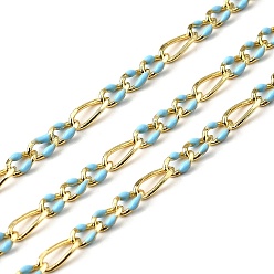 Темно-бирюзовый Латунь Figaro цепи, с эмалью, без свинца и без кадмия, долговечный, стойки покрытие, пайки, с катушкой, реальный 18 k позолоченный, темные бирюзовый, 3 мм