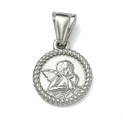Нержавеющая Сталь Цвет 304 подвески из нержавеющей стали, Плоская круглая подвеска с медальоном в виде херувима., цвет нержавеющей стали, 20x17x2 мм, отверстие : 4x9 мм