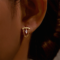 Золотой Конский глаз 925 серьги из стерлингового серебра с микропаве из прозрачного кубического циркония для хряща с цепочкой, золотые, 12.6x9.6 мм, Длина стержня: 8мм, штифты : 1.2 мм