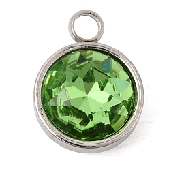 Зеленый Тема камней-талисманов августа 304 подвески из нержавеющей стали, плоский круглый шарм, с k 9 стеклом, полировка, граненые, зелёные, 16x12x7.3 мм, отверстие : 2.6 мм