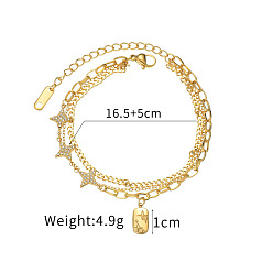 Étoile  304 Bracelet à breloque rectangulaire en cristal et strass en acier inoxydable pour femme, or, étoiles, 3 pouce (6.50 cm)