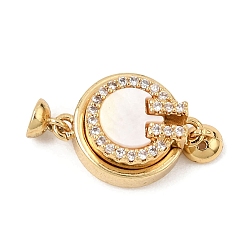 Real 18K Gold Plated Brass Micro Pave Clear Cubic Zirconia Magnetic Clasps, Flat Round, with Natural Shell, Real 18K Gold Plated, 19x11x6mm