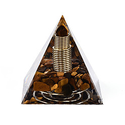 Тигровый глаз Генераторы энергии смолы оргонитовой пирамиды, рейки натуральные кусочки тигрового глаза и 304 проволока из нержавеющей стали внутри, для украшения рабочего стола домашнего офиса, 59~60x59~60x59~60 мм