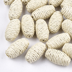 Antique White Handmade Woven Beads, Paper Imitation Raffia Covered with Wood, No Hole/Undrilled, Oval, Antique White, 25~28x14~16mm