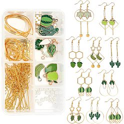 Golden DIY Green Earring Making Kits, Including Alloy Enamel Pendants & Links, Brass Linking Rings & Earring Hooks, Glass Pearl Beads, Iron Pin & Jump Rings, Golden, 154pcs/box