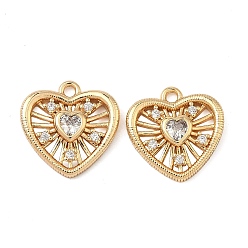 Прозрачный Подвески из латуни с прозрачным фианитом, сердце прелести, реальный 18 k позолоченный, прозрачные, 13.5x13.5x3 мм, отверстие : 1.4 мм
