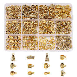 Античное Золото 240шт 12 стилизованные тибетские поручни из сплава, петля под залог, плоский круглый, бочкообразный и листовой, античное золото , 6.5~14x2~8.5x3.5~7.5 мм, отверстие : 1.4~2 мм, внутренний диаметр: 2.8~5 мм, 20 шт / стиль