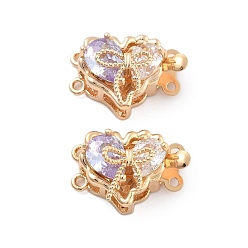 Лиловый Застежки для стеклянных коробок из латуни, без никеля , сердце, 2 нитей, 4-луночное, реальный 18 k позолоченный, сирень, 12.5x18x9 мм, отверстие : 1~1.2 мм