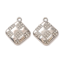 Platinum Alloy Rhinestone Pendants, Rhombus Charms, Platinum, 22x19x3.3mm, Hole: 1.6mm