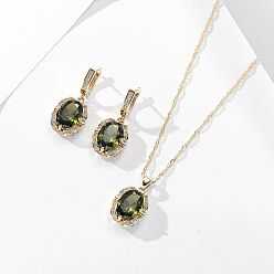 Светло-зеленый Коричневый Овальное латунное ожерелье с подвеской из микрофибры и серьга-гвоздик, золотые, оливковый, 400 мм и 28x15 мм