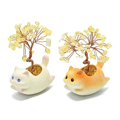 Желтый Кварц Украшения из натуральной желтой кварцевой крошки в виде дерева жизни с декоративными фигурками для кошек, с керамической основой разных цветов и медной проволокой, фен-шуй энергетический камень подарок для домашнего офиса украшение рабочего стола, 69~70x43.9x90~97 мм