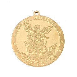 Золотой 304 подвески из нержавеющей стали, Плоская круглая форма с подвеской в виде архангела Святого Михаила., золотые, 27.5x25x1.5 мм, отверстие : 1.4 мм