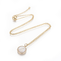 Letter Z Brass Initial Pendant Necklaces, with Shell, Cubic Zirconia and 304 Stainless Steel Cable Chains, Flat Round with Letter, Letter.Z, 17.5 inch(44.5cm), 1.5mm