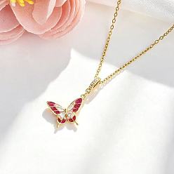 Medium Violet Red Brass Pave Cubic Zirconia Butterfly Pendant 304 Stainless Steel Cable Chain Necklaces for Women, Golden, Medium Violet Red, 15.75 inch(40cm)
