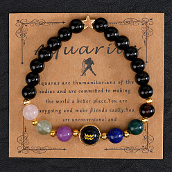 Водолей 12 Знак зодиака натуральный черный обсидиан круглые бусины эластичные браслеты для мужчин и женщин, с синим песчаником и стеклом, Водолей, внутренний диаметр: 2-3/8 дюйм (6 см)