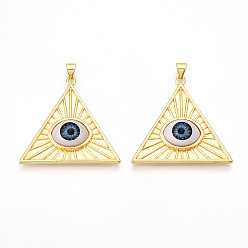 Настоящее золото 18K Подвески латуни cmолы, треугольник с глазом, реальный 18 k позолоченный, 33x35x6 мм, отверстие : 3.5x5 мм
