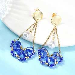 Royal Blue Electroplate Glass Dangle Earrings for Women, Teardrop, 304 Stainless Steel Cable, Brass Stud Earrings, Real 18K Gold Plated, Royal Blue, 65x28mm