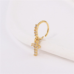 Cross Латунные микропаве прозрачные кубические цирконии подвески кольца для носа, золотые, крестик, 10 мм