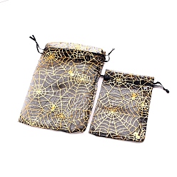 Черный Подарочные мешочки с завязками из органзы и паука на Хэллоуин, мешочки для украшений, подарочные пакеты для свадебной вечеринки, прямоугольные, чёрные, 14x10 см