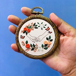 Floral White DIY Pendant Decoration Embroidery Kits, Including Printed Cotton Fabric, Embroidery Thread & Needles, Embroidery Hoop, Flower & Holding Hands Pattern, Floral White, Embroidery Hoop: 100mm