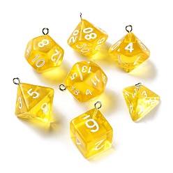 Gold 7Pcs 7 Styles Transparent Resin Polyhedral Dice Pendants Set, Multi-Sided Dice Charms with Platinum Plated Iron Loops, Mixed Shapes, Gold, 20~28x19~24x17~24mm, Hole: 2mm, 1pc/style