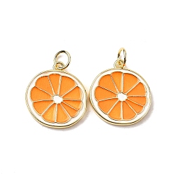 Темно-Оранжевый Латунь эмаль подвески, с целью перехода в кольце, очарование ломтиков лимона, без свинца и без кадмия, долговечный, стойки покрытие, реальный 18 k позолоченный, темно-оранжевый, 17.5x16x2 мм, отверстие : 3 мм
