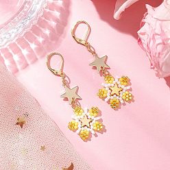 Светло-хаки Латунные стеклянные бусины цветы серьги-гвоздики, золотые, светлый хаки, 58x20 мм