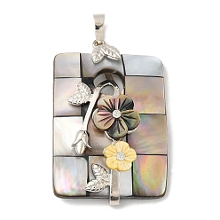 Платина Подвески натурального морских раковин, Прямоугольные подвески из ракушек белого цвета, окрашенные в натуральный цвет, с латунными стразами, платина, 48x30.5x9 мм, отверстие : 8x5 мм