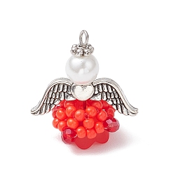 Красный Подвески-ангелы из стеклянных бисеров, с акриловыми бусинами, крыльями из сплава и петлей из нержавеющей стали, красные, 304 мм, отверстие : 22.5x20x14 мм