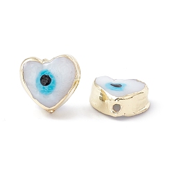 White Handmade Evil Eye Lampwork Beads, with Brass Findings, Lead Free & Cadmium Free, Long-Lasting Plated, Heart, White, 11~11.5x12~12.5x5.5~6mm, Hole: 1.5mm