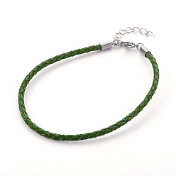 Зеленый Плетеный кожаный шнур браслет решений, с 304 застежкой из лобстера и удлинительной цепью, цвет нержавеющей стали, зелёные, 8-1/2 дюйм (21.5 см), 3 мм
