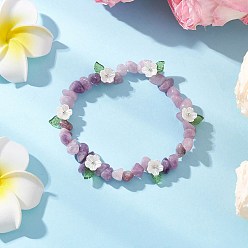 Лепидолит Браслеты из натуральных бусин с лепидолитовой крошкой для женщин, с бусинами в виде цветочков из АБС-пластика, имитирующими жемчуг, внутренний диаметр: 2 дюйм (5 см)