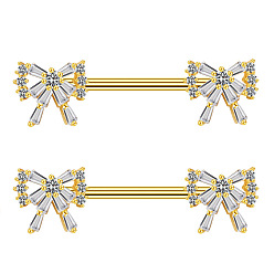 Золотой Латунные микропаве прозрачные кубические цирконии бантовые соски штанги, 316 хирургические штифты из нержавеющей стали, золотые, 14 мм, штифты : 1.6 мм