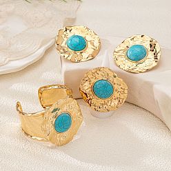 Золотой Комплект из цветочного сплава с синтетической бирюзой, серьги-гвоздики, кольцо и браслеты-манжеты, золотые, внутренний диаметр: 60 мм