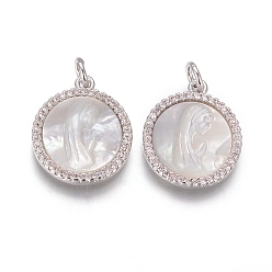 Платина Латунные подвески, с микро проложить кубического циркония, раковины и прыжковые кольца, плоские круглые с Девой Марией, прозрачные, платина, 18x15x3 мм, отверстие : 3 мм