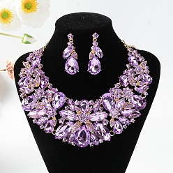 Фиолетовый Комплекты из ожерелий с подвесками из сплава со стразами в форме цветка и капли и серег-гвоздиков, золотые, фиолетовые, 500 мм
