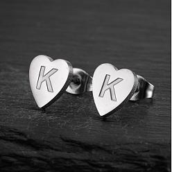 Letter K Сердце 201 нержавеющей стали серьги, цвет нержавеющей стали, Письмо K, 10x10 мм