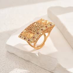 Бледно-фиолетовый Красный Латунные микропаве кубические цирконии геометрические регулируемые кольца для женщин, прямоугольные, золотые, бледно-фиолетовый красный, 35x19 мм, внутренний диаметр: регулируемый