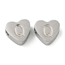 Letter Q Устойчивы к потускнению 304 бусины из нержавеющей стали, сердце с письмом, цвет нержавеющей стали, Буква Q, 7x8x3 мм, отверстие : 2 мм