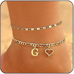 Letter G Двухслойные браслеты для щиколотки с латунными кристаллами и стразами в форме сердца, золотые, Буква G, 7-7/8 дюйм (200 мм), 2 шт / комплект