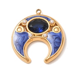 Golden 304 Stainless Steel & Glass Pendants, Crescent Moon Charms, with Enamel & Plastic Pearl, Golden, 24x22x4mm, Hole: 1.5mm