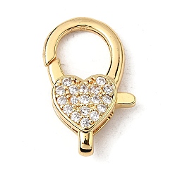 Настоящее золото 18K Застежки-клешни из прозрачной латуни с кубическим цирконием, без кадмия, без никеля и без свинца, сердце, реальный 18 k позолоченный, 22x14x4.5 мм, отверстие : 4.5x2 мм