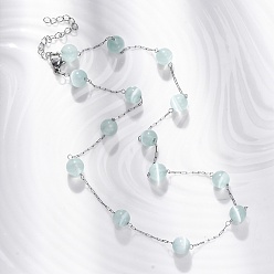 Бледно-бирюзовый 304 круглые бусины кошачий глаз из нержавеющей стали, ожерелья ручной работы для женщин, цвет нержавеющей стали, бледные бирюзовая, 17.01 дюйм (43.2 см)