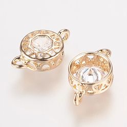 Light Gold Brass Glass Rhinestone Links connectors, Flat Round, Crystal, Light Gold, 12x7.5x3mm, Hole: 1mm