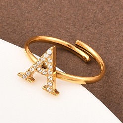 Letter A 304 Открытые кольца-манжеты из нержавеющей стали с микропаве из кубического циркония, буквы, ионное покрытие (ip), реальный 18 k позолоченный, буква a, 1.5 мм, внутренний диаметр: 15.6 мм