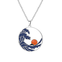 Stainless Steel Color 304 Stainless Steel Enamel Blue Sea Wave with Sun Pendant Necklaces for Women, Ring, Stainless Steel Color, 17.72 inch(45cm), Pendant: 29.6x32.1mm