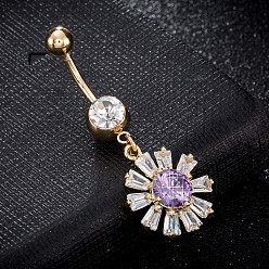Flieder Umweltfreundlicher Nabelring aus Zirkonoxid aus Messing, Bauchringe, mit 304 Edelstahlleiste, echt 18 k vergoldet, Gänseblümchen, Flieder, 45x17 mm, Stange: 15 Spurweite(1.5mm), Stangenlänge: 3/8"(10mm)