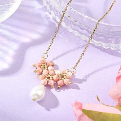 Saumon Pendentif en forme de larme orné de perles de verre électroplaquées 304 Colliers à chaîne câble en acier inoxydable, or, Saumon, 16.54 pouce (42 cm)